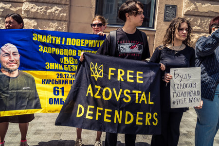 Kharkiv, Ukraine, June 22, 2025 Families and relatives are protesting to demand the release of the...