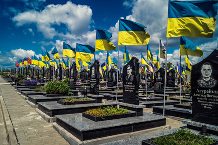 Kharkiv, Ukraine, July 3, 2025 Yellow and blue flags flutter as far as the eye can see at Aleya...