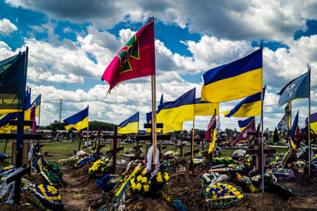Kharkiv, Ukraine, July 3, 2025 Yellow and blue flags flutter as far as the eye can see at Aleya...