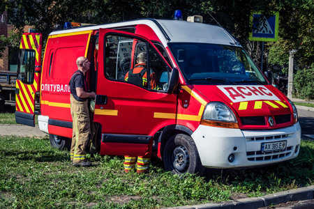 Kharkiv, Ukraine, July 7, 2025 Fire trucks are parked near the damaged building in Kharkiv was hit...