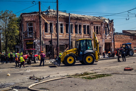 Kharkiv, Ukraine, July 7, 2025 Cleaners are working in the city center who was hit by Russian Shahed...