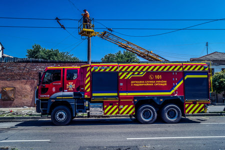 Kharkiv, Ukraine, July 7, 2025 Fire trucks are parked in the city center of Kharkiv who was hit by...