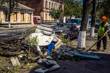 Kharkiv, Ukraine, July 7, 2025 Cleaners are working in the city center who was hit by Russian Shahed...