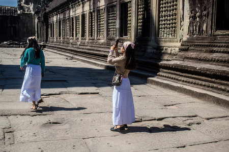Siem reap, Cambodia, January 14, 2025 Tourists visiting Angkor Wat temple, a Hindu-Buddhist temple...