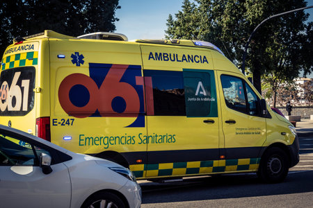 Seville, Spain, December 11, 2025 Ambulance driving in the streets of Seville in southern Spain.