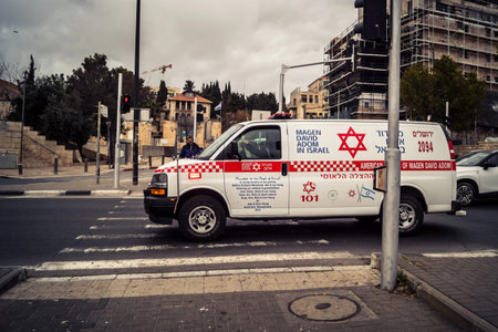 Jerusalem, Israel, February 20, 2026 Ambulance from Magen David Adom (MDA) emergency medical service...