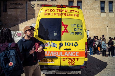 Jerusalem, Israel - February 19, 2026 Magen David Adom (MDA) ambulance parked at the Western Wall in...