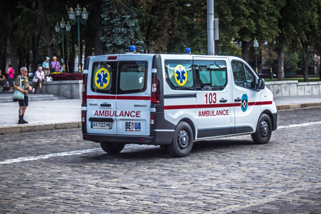 Kharkiv, Ukraine, August 06, 2025 Ambulance rolling in the streets of Kharkiv near the front line....