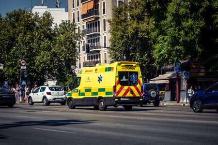 Seville, Spain, September 30, 2025 Ambulance in the streets of Seville in southern Spain.