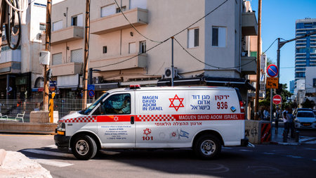 Tel Aviv, Israel - December 15, 2023 Israeli ambulance rolling in the streets of Tel Aviv in Israel.
