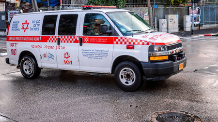 Tel Aviv, Israel - December 6, 2023 Israeli ambulance rolling in the streets of Tel Aviv in Israel.