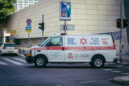 Tel Aviv, Israel, March 4, 2024 Israel ambulance driving in the streets of Tel Aviv, an emblematic...