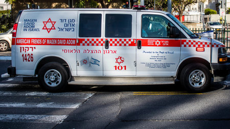 Tel Aviv, Israel, February 25, 2024 Israel ambulance driving in the streets of Tel Aviv, an...