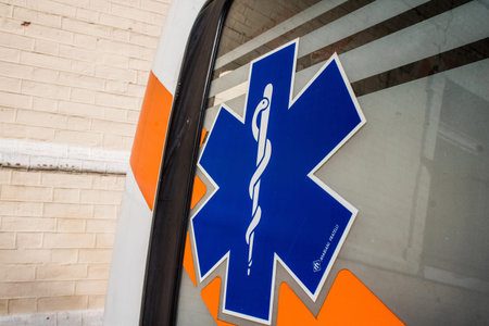 Kharkiv, Ukraine, September 11, 2024 Ambulance parked downtown Kharkiv during the war with Russia,...