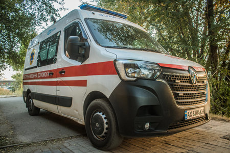 Kharkiv, Ukraine, October 04, 2024 Ambulance in downtown Kharkiv during the war with Russia, Kharkiv...