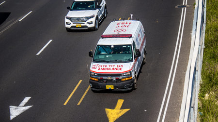 Tel Aviv, Israel, February 25, 2024 Israel ambulance driving in the streets of Tel Aviv, an...