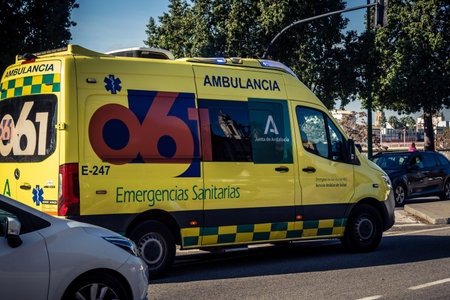Seville, Spain, December 11, 2025 Ambulance driving in the streets of Seville in southern Spain.