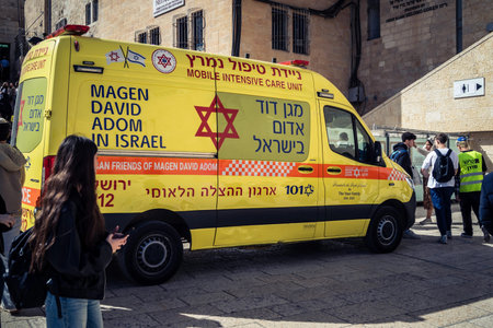 Jerusalem, Israel - February 19, 2026 Magen David Adom (MDA) ambulance parked at the Western Wall in...