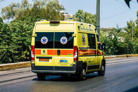 Athens Greece September 7, 2019 View of a Greek ambulance driving through the streets of Athens in...
