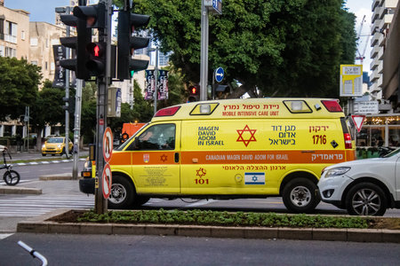 Tel Aviv, Israel â€“ January 6, 2024 Israeli ambulance rolling in the streets of Tel Aviv, an...