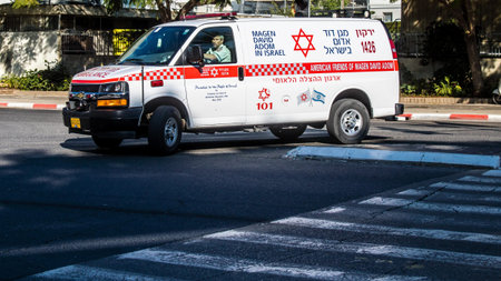 Tel Aviv, Israel, February 25, 2024 Israel ambulance driving in the streets of Tel Aviv, an...