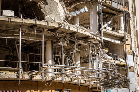 Kharkiv, Ukraine, June 9, 2025 A building damaged by a Russian ballistic missile attack. Civilians...
