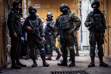 Hebron, West Bank, Palestine. February 14, 2026 Military surveillance and IDF soldiers protecting settlers in a sensitive zone. Defense and security operations in the old city of Hebron.