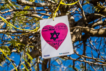 Tel Aviv, Israel, March 4, 2024 Hostages Square in front of the Tel Aviv Museum of Art, a place where people gather in memory of those kidnapped and held prisoner by Hamas in the Gaza Strip