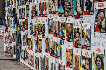 Tel Aviv, Israel - January 16, 2024 Posters of the face of the hostages kidnapped by Hamas during the terrorist attack of October 7, 2023 are displayed in the streets of Tel Aviv