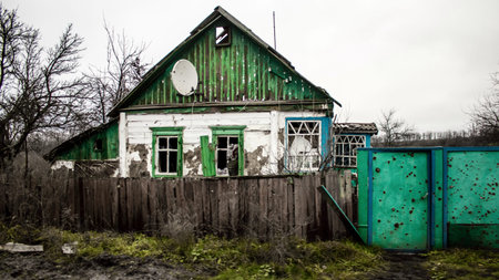 Cityscape of the destroyed village of Terny in the Donbass in Ukraine, this is the front line, the Russian army has invaded Ukraine and fierce fighting takes place in this region which has become a battlefield
