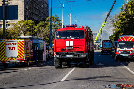 Aftermath of massive Russian drone attacks, facade of a buildings in downtown Kyiv near the central train station was hit hard. The firefighters are at the scene of the attack in the center of kyiv, They have been in high demand since this morning and are