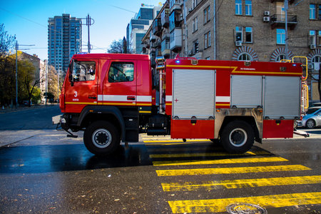 Aftermath of massive Russian drone attacks, facade of a buildings in downtown Kyiv near the central train station was hit hard. The firefighters are at the scene of the attack in the center of kyiv, They have been in high demand since this morning and are