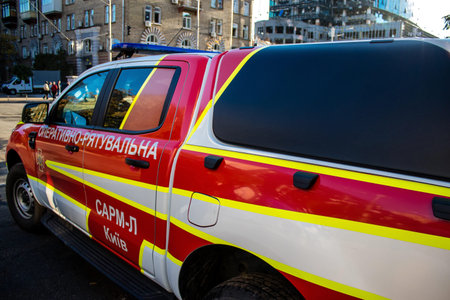 Aftermath of massive Russian drone attacks, facade of a buildings in downtown Kyiv near the central train station was hit hard. The firefighters are at the scene of the attack in the center of kyiv, They have been in high demand since this morning and are