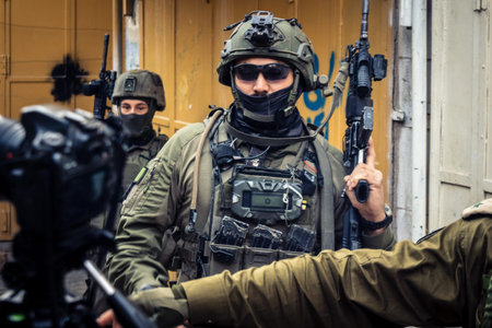 Hebron, West Bank, Palestine. February 14, 2026 Israeli soldiers (IDF) securing and protecting settlers in the old city of Hebron. Defense mission in a sensitive urban area.