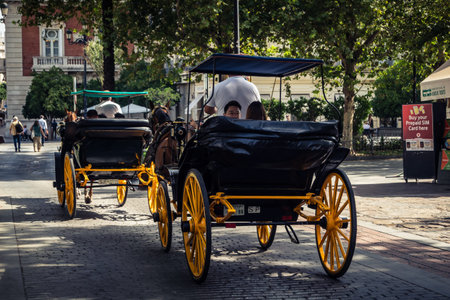 Seville, Andalusia, Spain. July 30, 2026 Tourists take a ride in a traditional horse-drawn carriage, coche de caballos, through the historic city center during a hot summer afternoon. The scene highlights popular cultural sightseeing and iconic urban tran