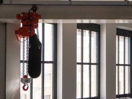 Electric hoist installed on the ceiling of a building next to some windows