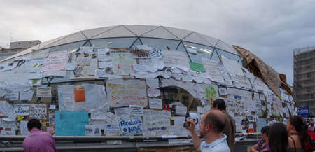 Madrid, Spain; May 26 2011. Puerta del Sol station in Madrid full of protest banners. Outraged of...