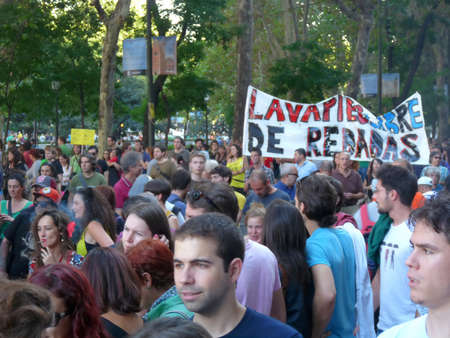 Madrid, Spain; October 15 2011. Massive demonstration in Madrid during the 15-O protests, led by the 15-M Movement. Photography taken on October 15 2011 in Madrid, Spainのeditorial素材