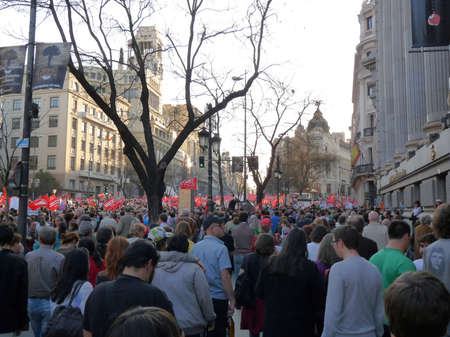 Madrid, Spain; March 29 2012. Massive demonstration during the general strike of 29-M in Madrid, led by the 15-M Movement. Photography taken on March 29 2012 in Madrid, Spainのeditorial素材
