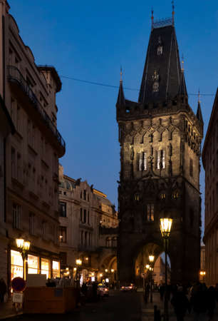 Prague, Czech Republic; February 16 2019. Gunpowder Tower at nightのeditorial素材