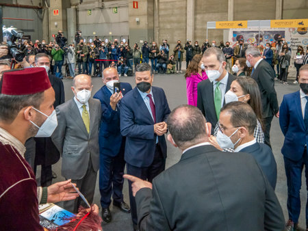 Madrid, Spain; January 19 2022. Arrival of the King and Queen of Spain together with the President of the Community of Madrid, the President of the Congress and the Minister of Tourism at the Moroccan stand in FITUR (International Tourism Trade Fair). Phoのeditorial素材