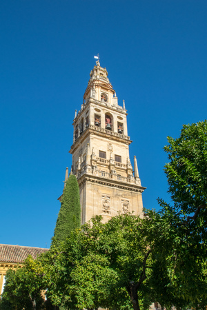 a view of the bell tower of the Cathedral in Cordoba, Spainの写真素材