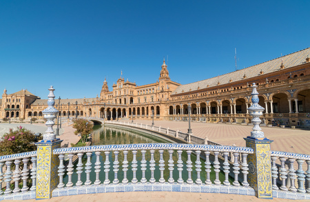 a beautiful view from on top of the bridge in front of the Plaza De Espana Seville, Spainのeditorial素材