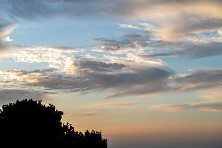 a rainbow coloured sunrise overlooking a cloudy Mediterranean sea with tree silhouette