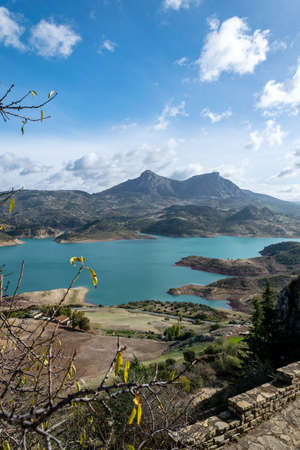 a view of the lakes at Zahara de la Sierra from mountain topの写真素材