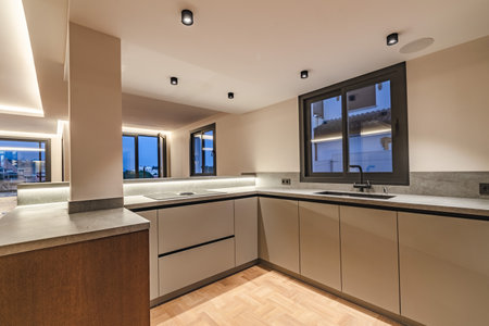 an image of a newly fitted kitchen in luxury mediterranean villa real estateの写真素材