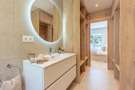 an image of the private bathroom with walk in closet in the master bedroom of a holiday apartmentの写真素材