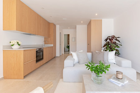 a close up image of an open kitchen and living room sofa in mediterranean holiday homeの写真素材