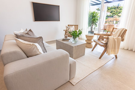 a close up image of sofa and chairs in living room of luxury apartmentの写真素材