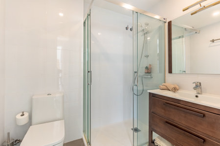 a close up image of a standing shower and sink in mediterranean apartmentの写真素材